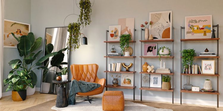 brown and black armchair beside white wooden shelf